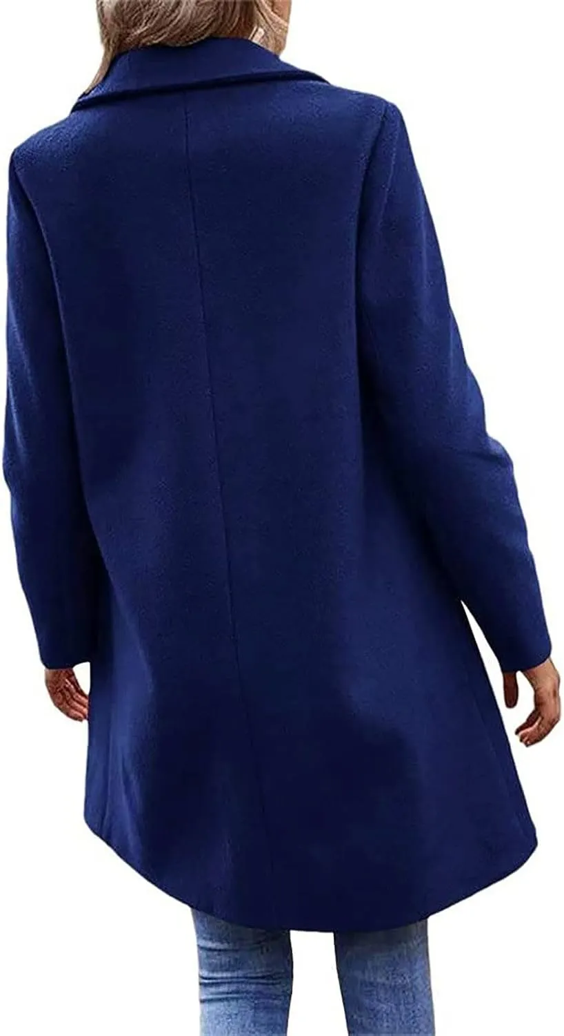 YRAETENM Women's Notched Lapel Wool Pea Coat Casual One Button Long Sleeve Mid-Long Overcoats Warm Trench Coat with Pockets