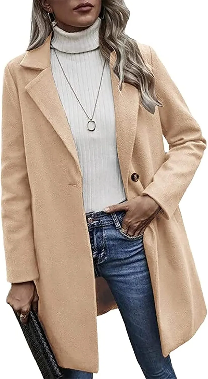 YRAETENM Women's Notched Lapel Wool Pea Coat Casual One Button Long Sleeve Mid-Long Overcoats Warm Trench Coat with Pockets