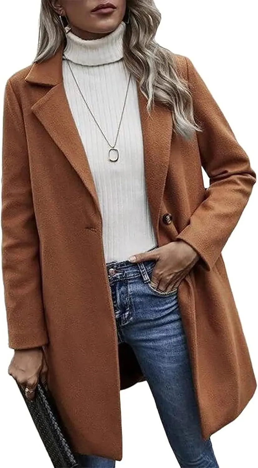 YRAETENM Women's Notched Lapel Wool Pea Coat Casual One Button Long Sleeve Mid-Long Overcoats Warm Trench Coat with Pockets