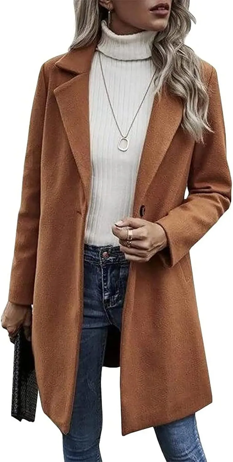 YRAETENM Women's Notched Lapel Wool Pea Coat Casual One Button Long Sleeve Mid-Long Overcoats Warm Trench Coat with Pockets