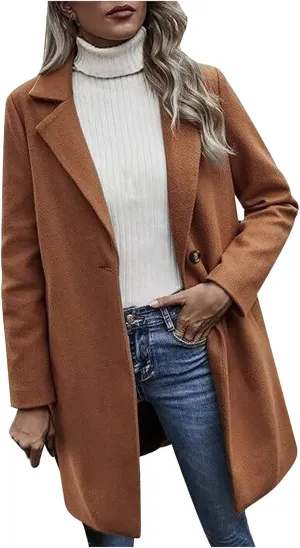 YRAETENM Women's Notched Lapel Wool Pea Coat Casual One Button Long Sleeve Mid-Long Overcoats Warm Trench Coat with Pockets