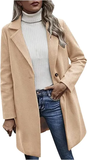 YRAETENM Women's Notched Lapel Wool Pea Coat Casual One Button Long Sleeve Mid-Long Overcoats Warm Trench Coat with Pockets