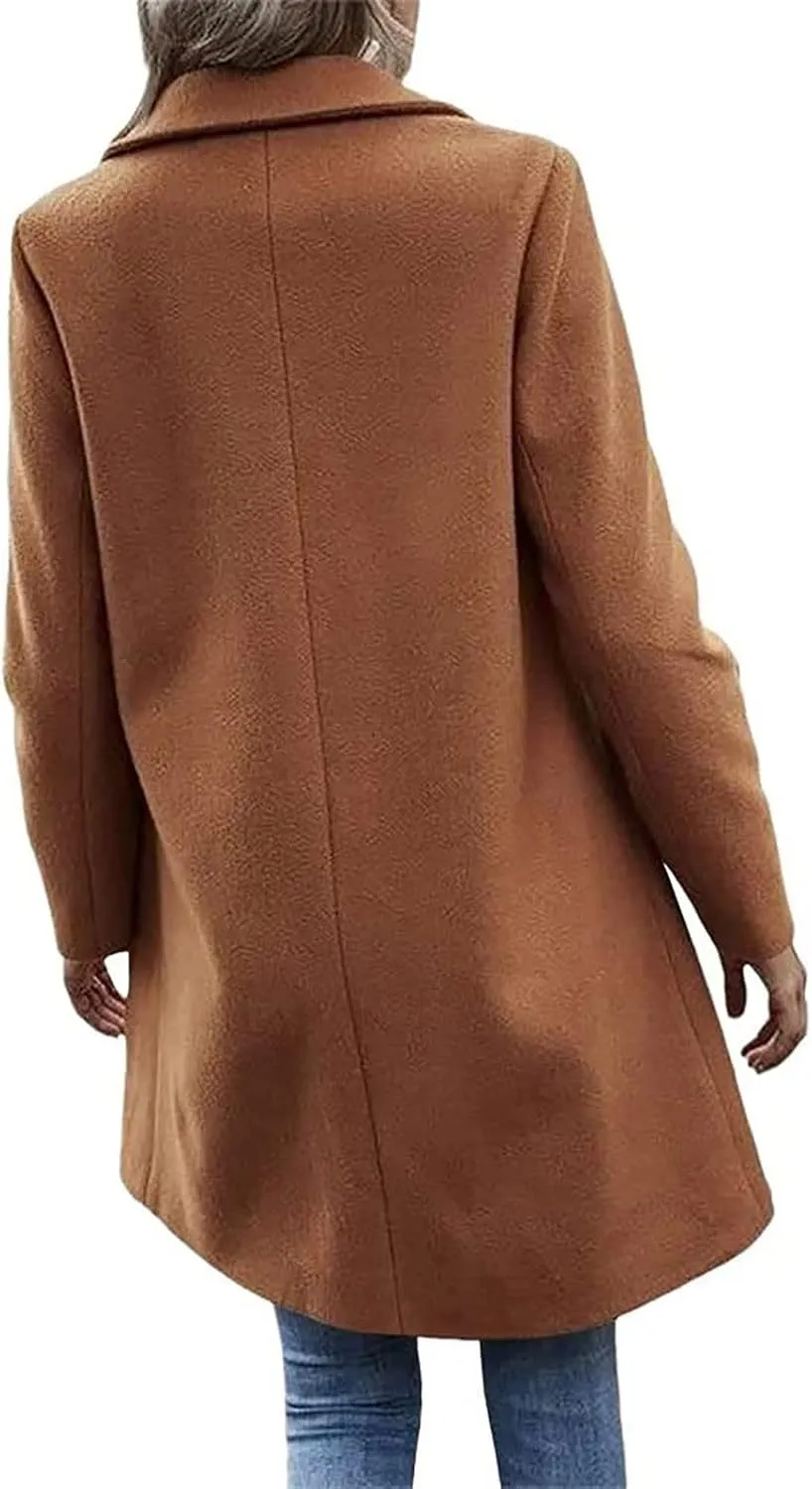 YRAETENM Women's Notched Lapel Wool Pea Coat Casual One Button Long Sleeve Mid-Long Overcoats Warm Trench Coat with Pockets