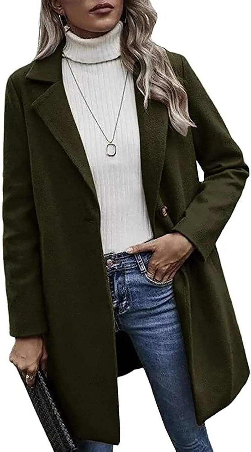 YRAETENM Women's Notched Lapel Wool Pea Coat Casual One Button Long Sleeve Mid-Long Overcoats Warm Trench Coat with Pockets