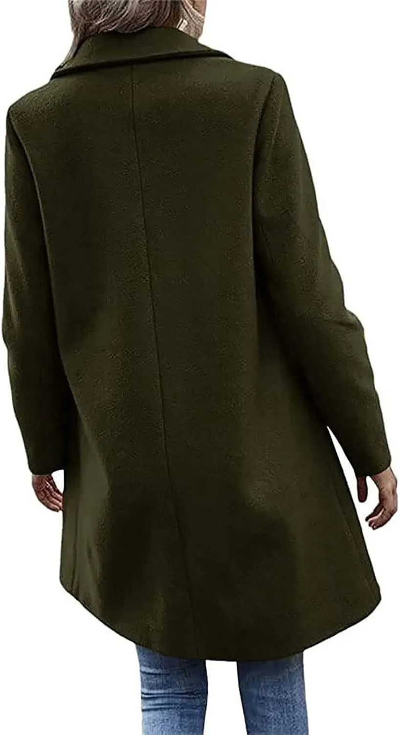 YRAETENM Women's Notched Lapel Wool Pea Coat Casual One Button Long Sleeve Mid-Long Overcoats Warm Trench Coat with Pockets