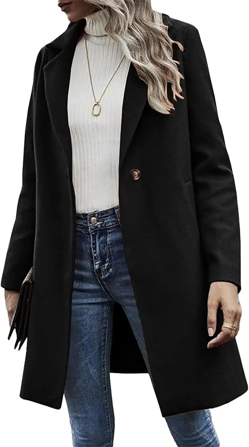 YRAETENM Women's Notched Lapel Wool Pea Coat Casual One Button Long Sleeve Mid-Long Overcoats Warm Trench Coat with Pockets