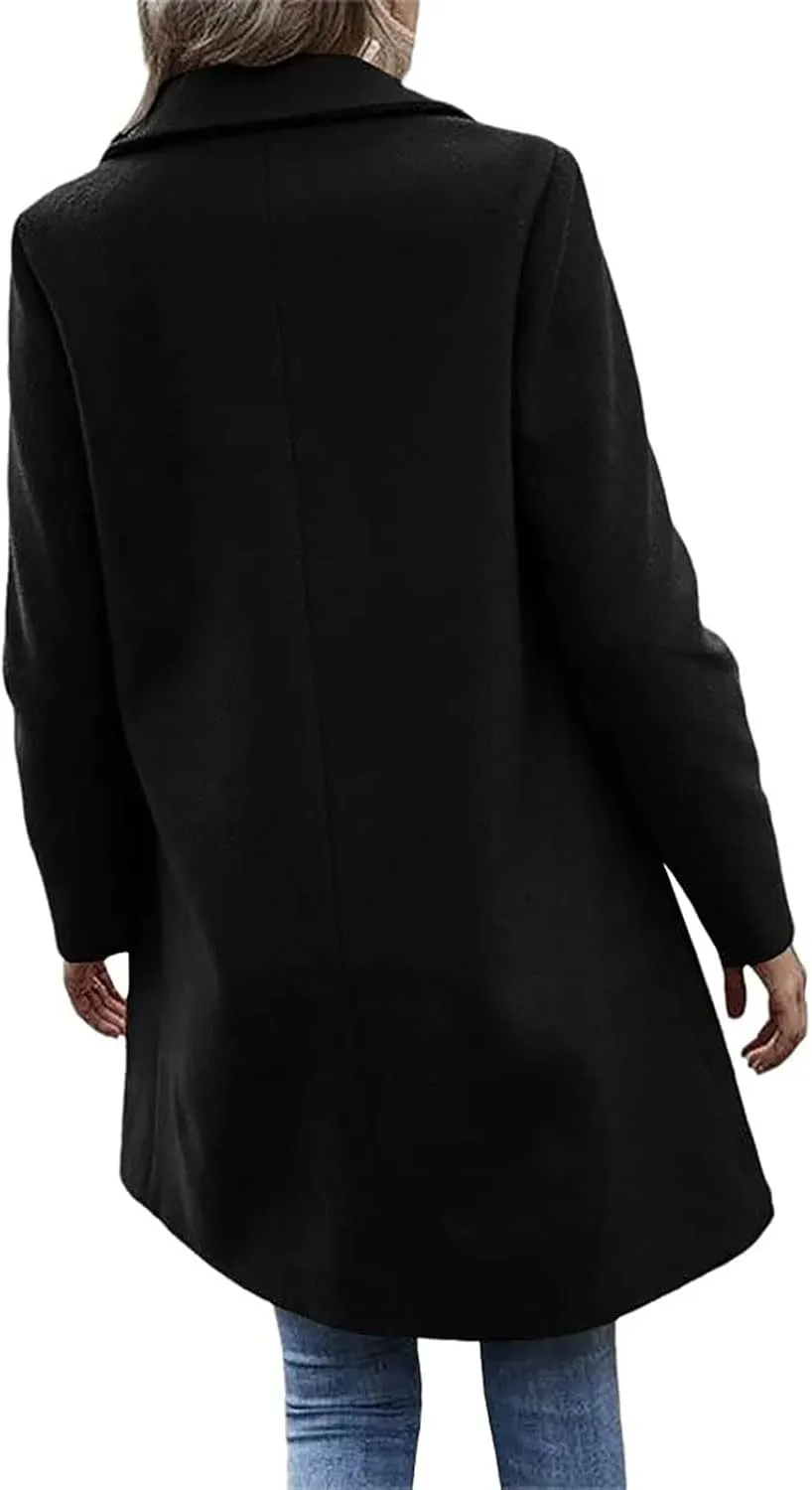 YRAETENM Women's Notched Lapel Wool Pea Coat Casual One Button Long Sleeve Mid-Long Overcoats Warm Trench Coat with Pockets