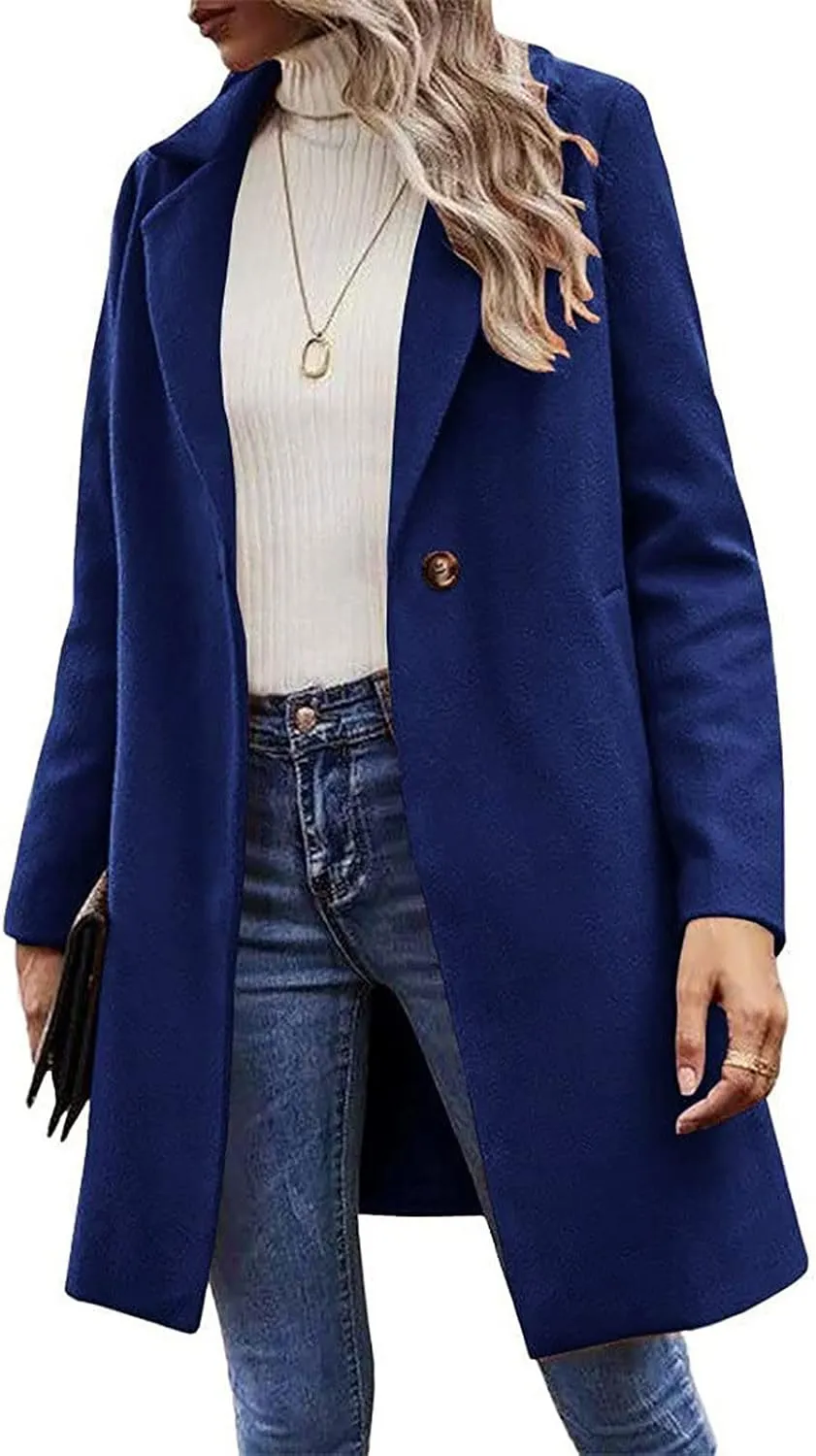 YRAETENM Women's Notched Lapel Wool Pea Coat Casual One Button Long Sleeve Mid-Long Overcoats Warm Trench Coat with Pockets