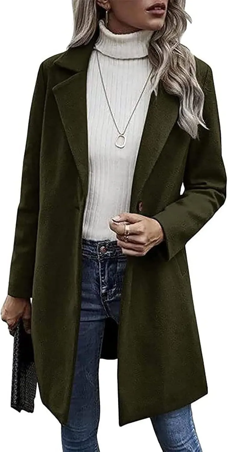 YRAETENM Women's Notched Lapel Wool Pea Coat Casual One Button Long Sleeve Mid-Long Overcoats Warm Trench Coat with Pockets