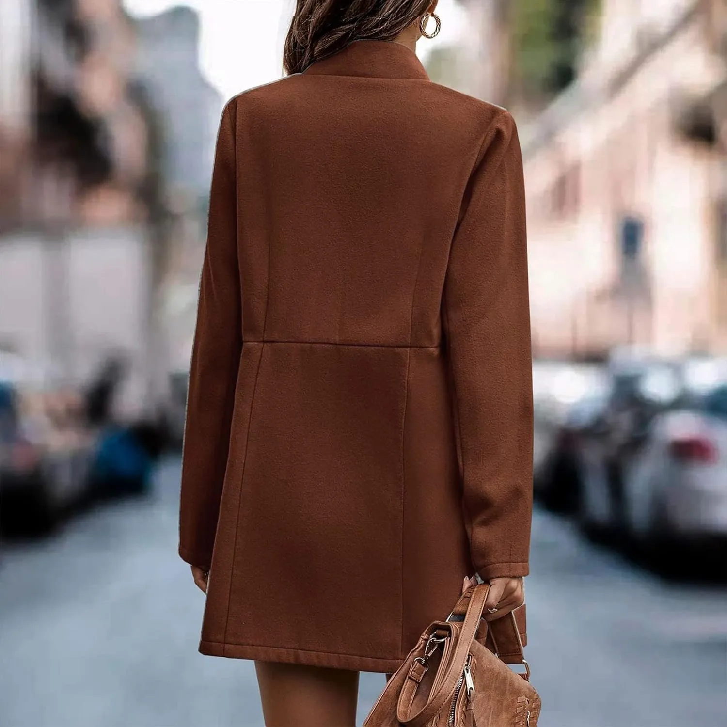 YRAETENM Women's Stand Collar Jacket Fall Winter Warm Wool Blend Pea Coats Slim Fit Business Office Long Cardigan Outwear
