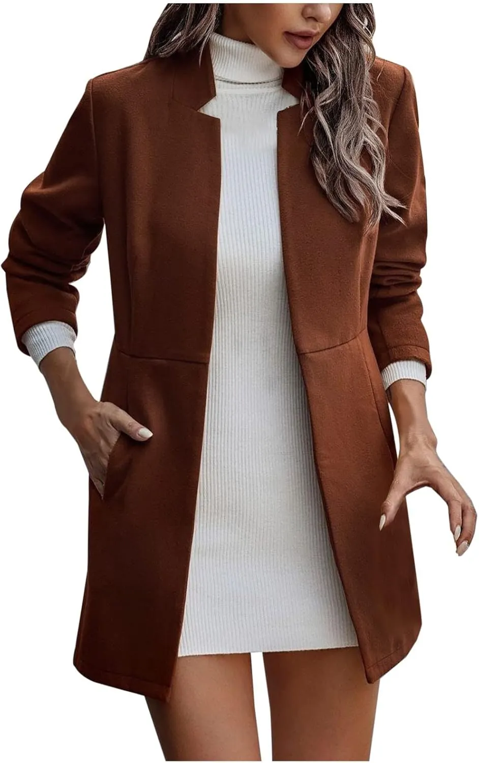 YRAETENM Women's Stand Collar Jacket Fall Winter Warm Wool Blend Pea Coats Slim Fit Business Office Long Cardigan Outwear