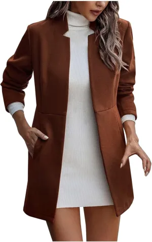 YRAETENM Women's Stand Collar Jacket Fall Winter Warm Wool Blend Pea Coats Slim Fit Business Office Long Cardigan Outwear