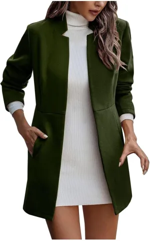 YRAETENM Women's Stand Collar Jacket Fall Winter Warm Wool Blend Pea Coats Slim Fit Business Office Long Cardigan Outwear