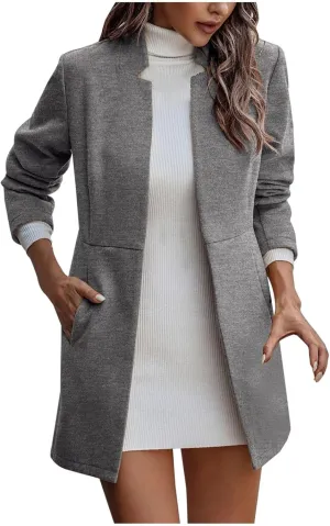 YRAETENM Women's Stand Collar Jacket Fall Winter Warm Wool Blend Pea Coats Slim Fit Business Office Long Cardigan Outwear