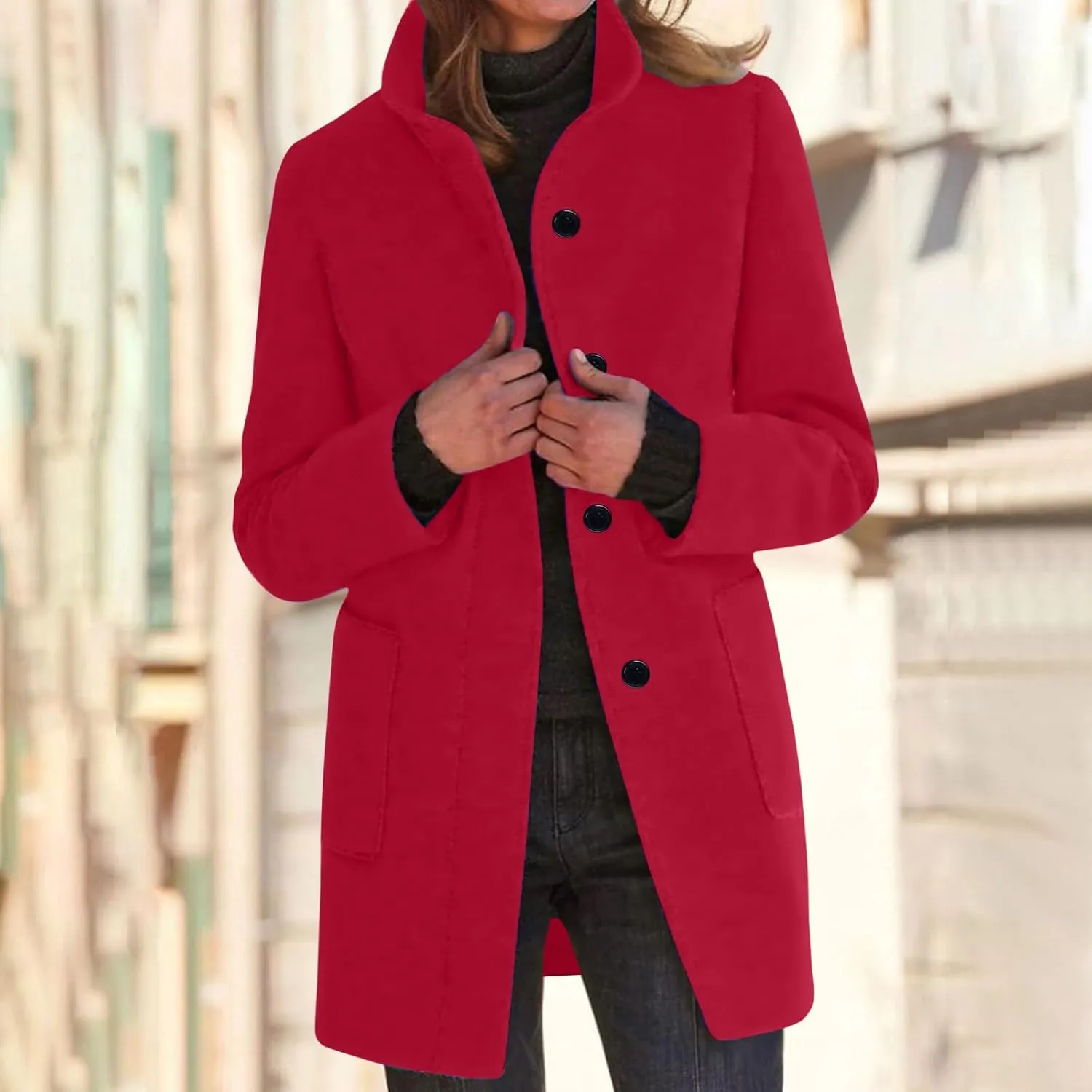 YRAETENM Women's Winter Wool Blend Pea Coat Stand Collar Single Breasted Jackets Casual Trench Coat Overcoat with Pockets