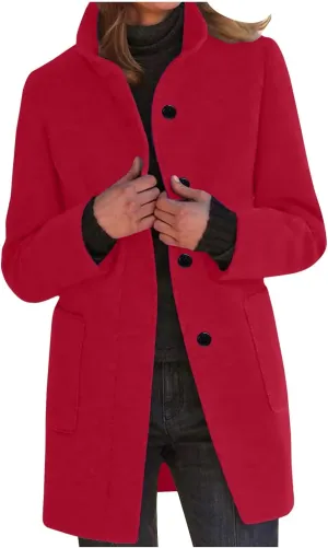 YRAETENM Women's Winter Wool Blend Pea Coat Stand Collar Single Breasted Jackets Casual Trench Coat Overcoat with Pockets