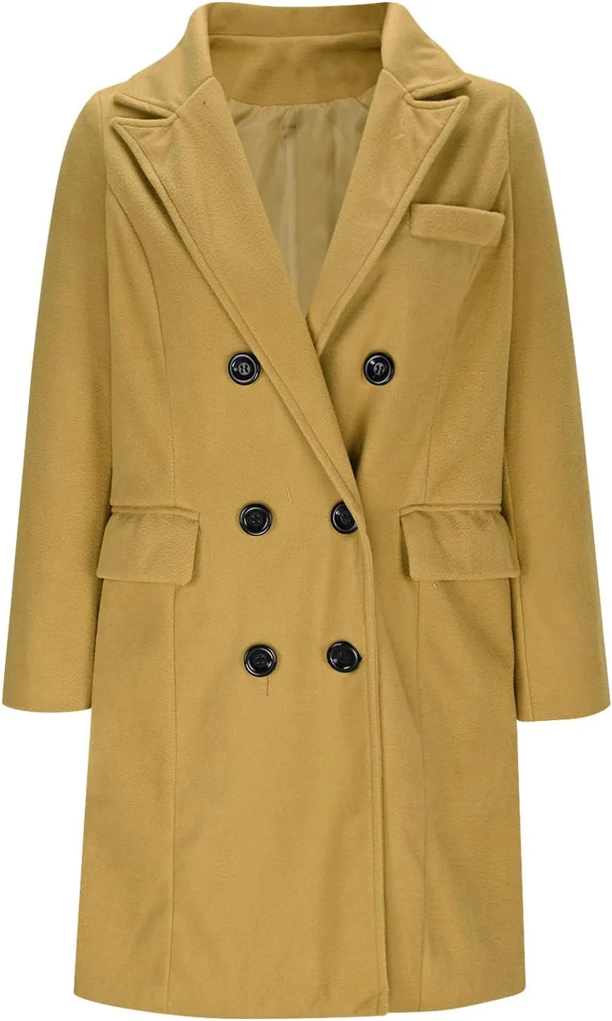 YRAETENM Women's Winter Wool Coats Elegant Notched Lapel Double Breasted Pea Coats Classic Mid-Length Trench Coats Jackets