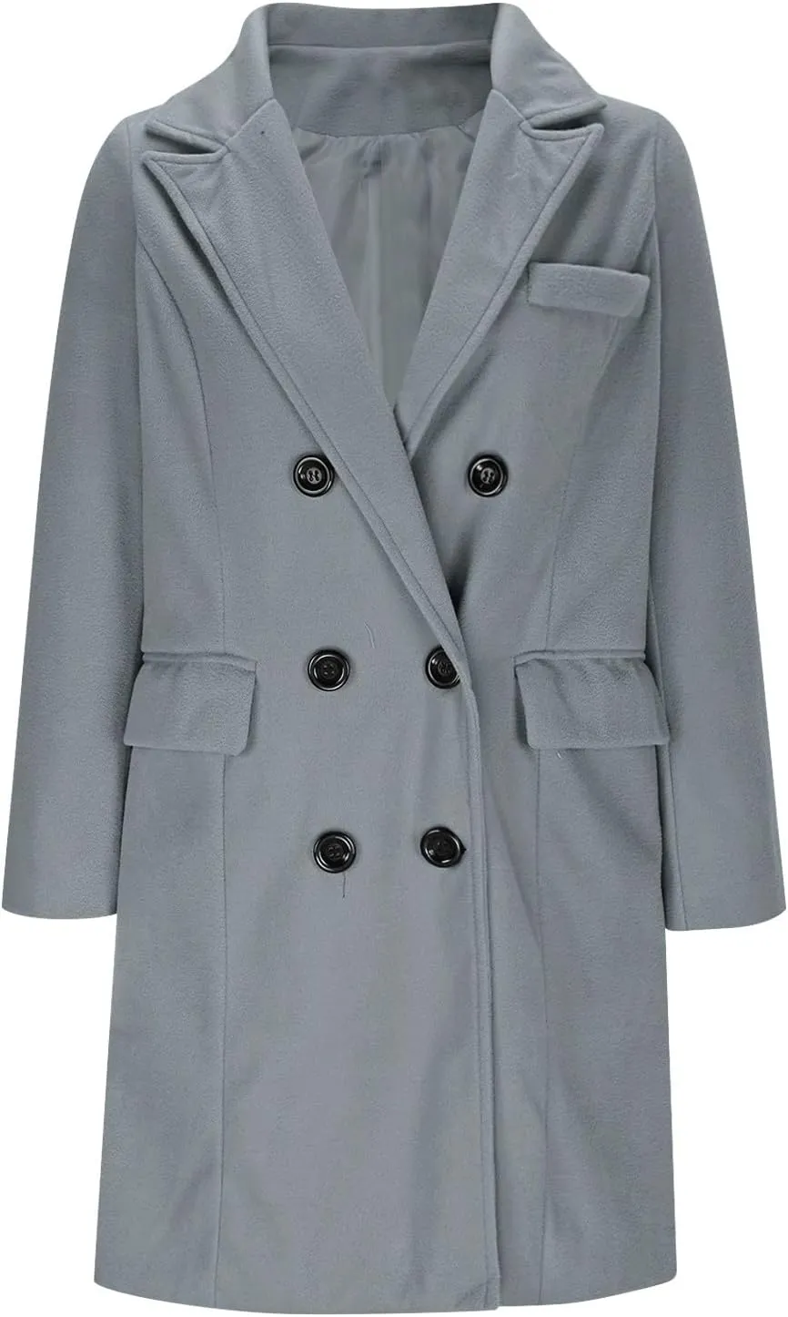 YRAETENM Women's Winter Wool Coats Elegant Notched Lapel Double Breasted Pea Coats Classic Mid-Length Trench Coats Jackets