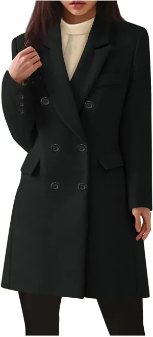 YRAETENM Women's Winter Wool Coats Elegant Notched Lapel Double Breasted Pea Coats Classic Mid-Length Trench Coats Jackets