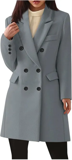 YRAETENM Women's Winter Wool Coats Elegant Notched Lapel Double Breasted Pea Coats Classic Mid-Length Trench Coats Jackets