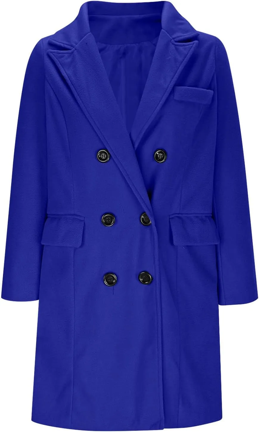YRAETENM Women's Winter Wool Coats Elegant Notched Lapel Double Breasted Pea Coats Classic Mid-Length Trench Coats Jackets