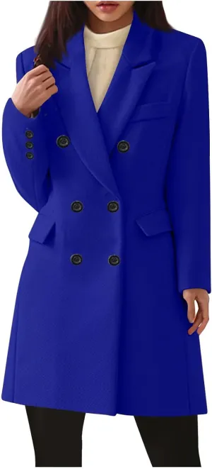 YRAETENM Women's Winter Wool Coats Elegant Notched Lapel Double Breasted Pea Coats Classic Mid-Length Trench Coats Jackets