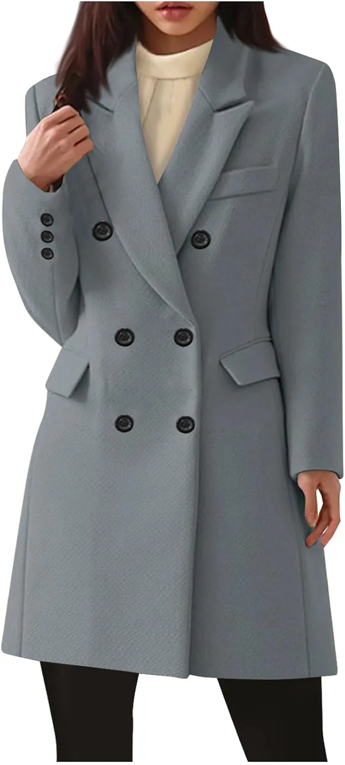 YRAETENM Women's Winter Wool Coats Elegant Notched Lapel Double Breasted Pea Coats Classic Mid-Length Trench Coats Jackets