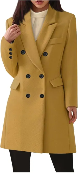 YRAETENM Women's Winter Wool Coats Elegant Notched Lapel Double Breasted Pea Coats Classic Mid-Length Trench Coats Jackets