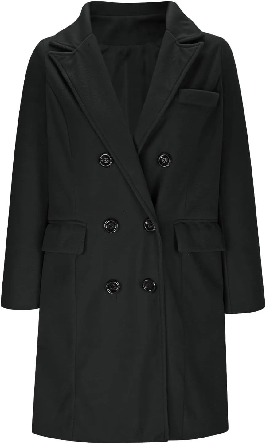 YRAETENM Women's Winter Wool Coats Elegant Notched Lapel Double Breasted Pea Coats Classic Mid-Length Trench Coats Jackets