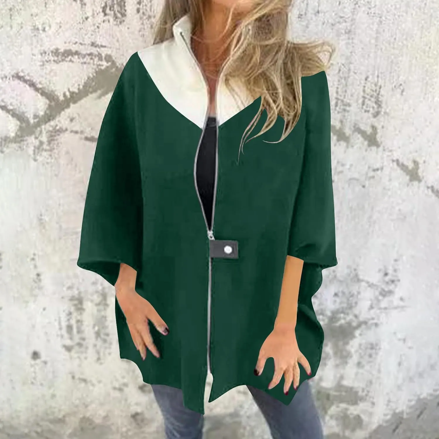 YRAETENM Womens Wool Coat Casual Color Block Stand Collar Trench Coat Fall Winter Lightweight Coatigan Zipper Wool Jackets