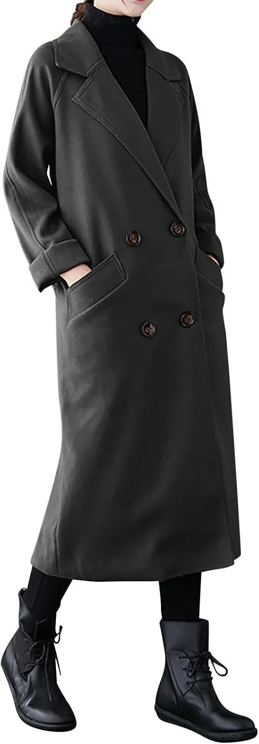 YRAETENM Wool Trench Coats for Women Lapel Collar Double Breasted Pea Coats Winter Casual Thick Mid-Length Outwear with Belt