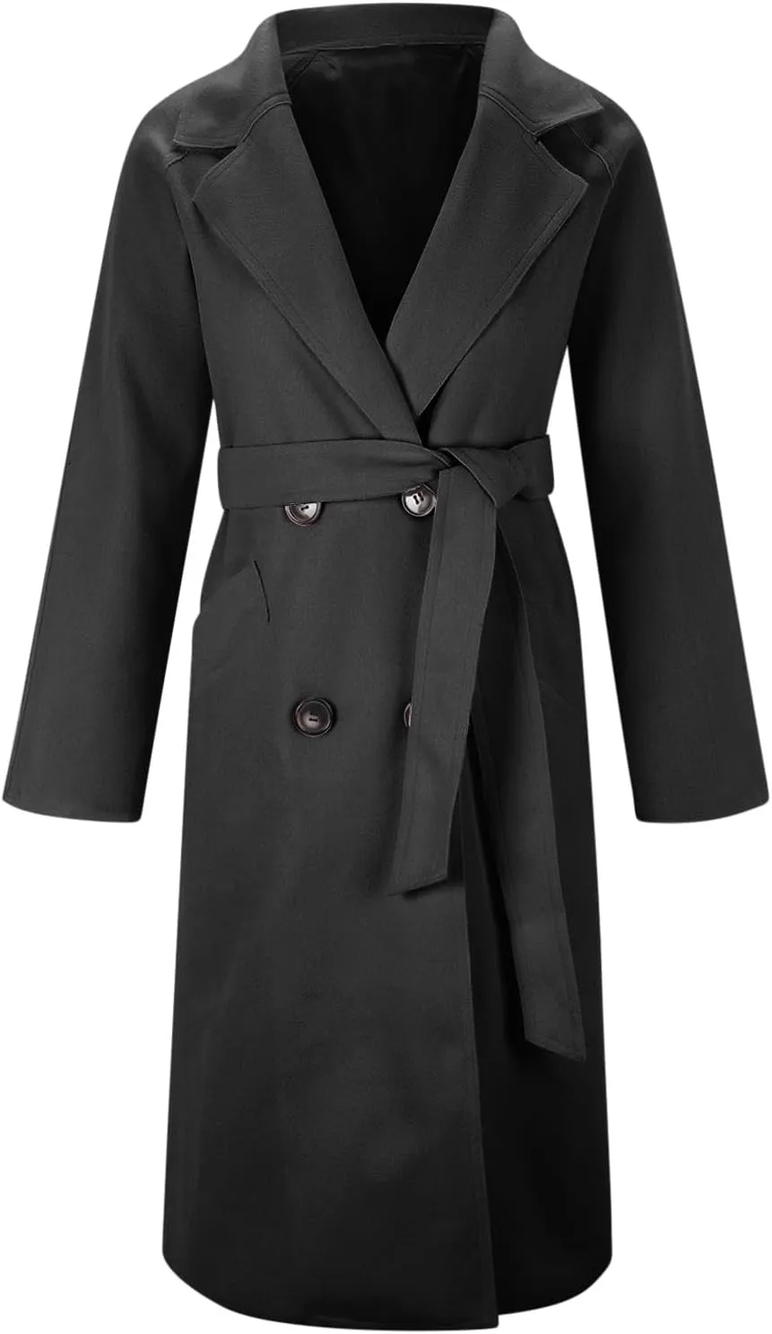 YRAETENM Wool Trench Coats for Women Lapel Collar Double Breasted Pea Coats Winter Casual Thick Mid-Length Outwear with Belt