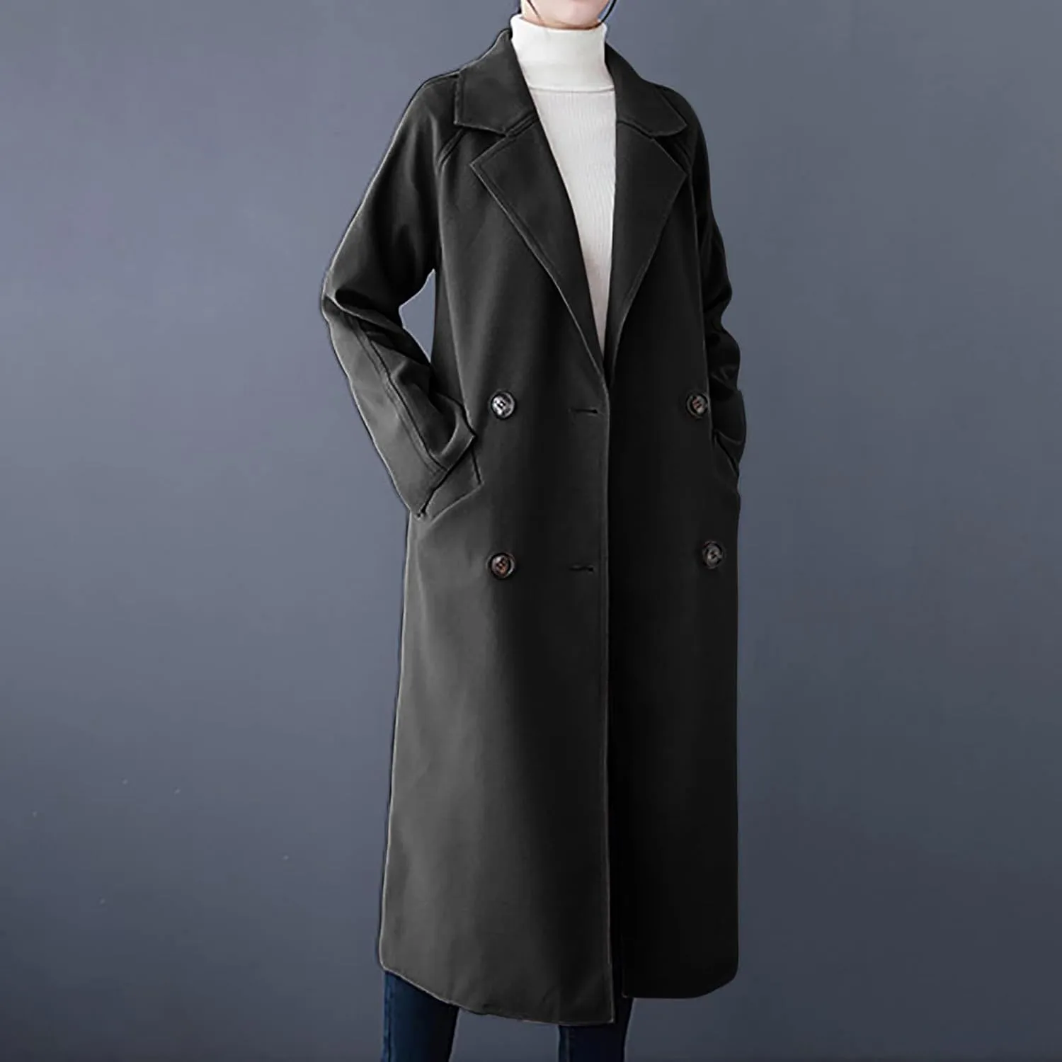 YRAETENM Wool Trench Coats for Women Lapel Collar Double Breasted Pea Coats Winter Casual Thick Mid-Length Outwear with Belt