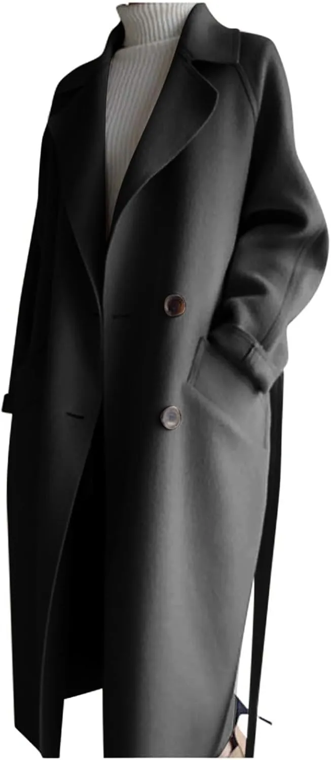 YRAETENM Wool Trench Coats for Women Lapel Collar Double Breasted Pea Coats Winter Casual Thick Mid-Length Outwear with Belt