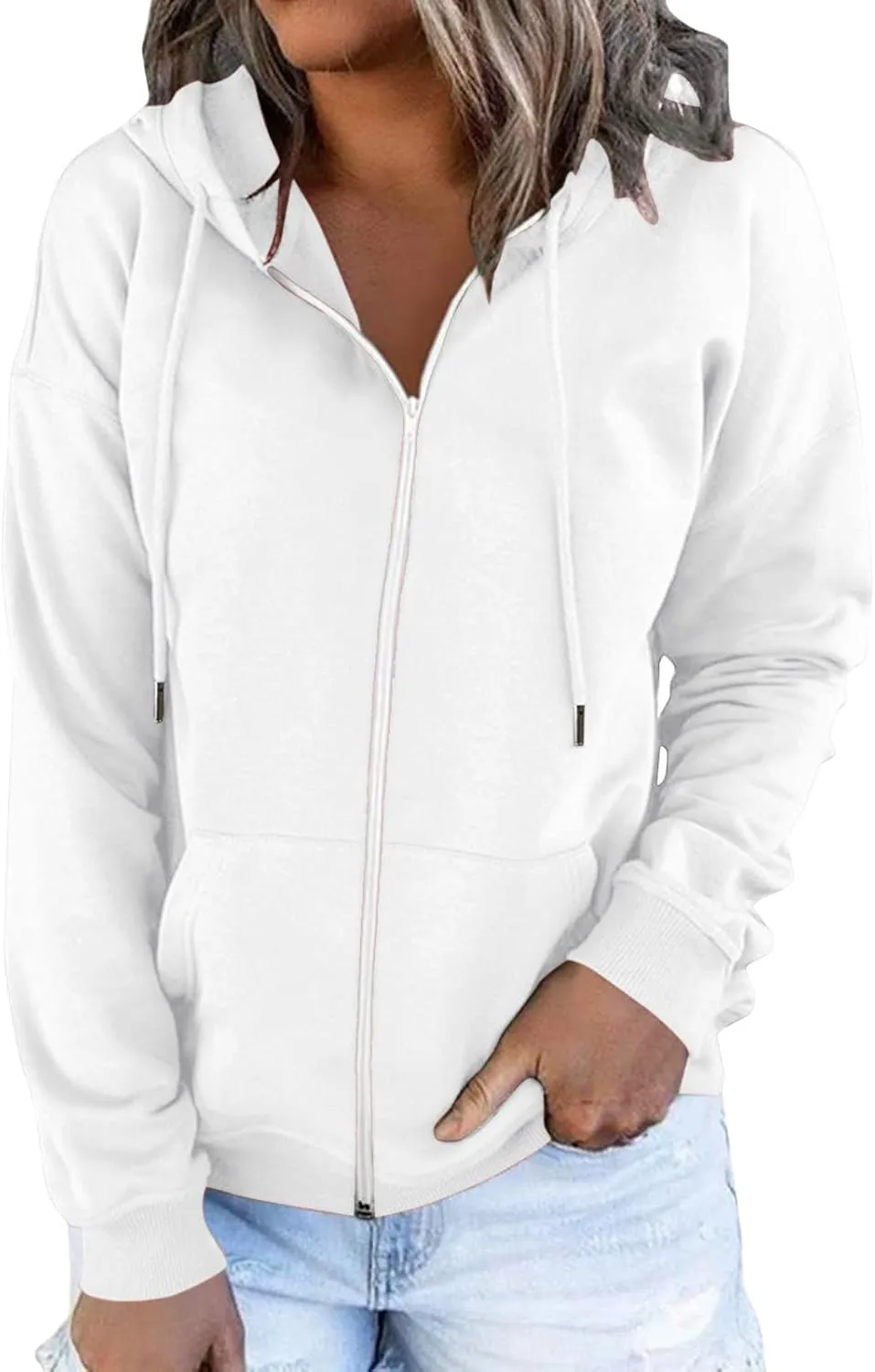 Zip Up Hoodies for Women Solid Color Trendy Fleece Hooded Sweatshirts Drawstring Long Sleeve Streetwear Y2K Tops with Pockets Cropped Zip Up Hoodie,White,XL, X-Large