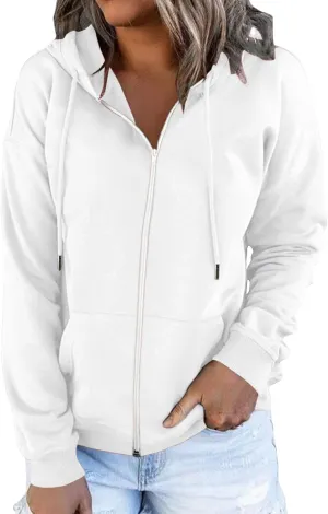 Zip Up Hoodies for Women Solid Color Trendy Fleece Hooded Sweatshirts Drawstring Long Sleeve Streetwear Y2K Tops with Pockets Cropped Zip Up Hoodie,White,XL, X-Large