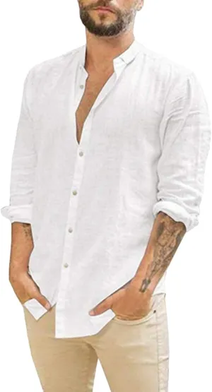 ZWRXW Mens Cotton Linen Shirts Long Sleeve Casual Buttons Down Solid Plain Roll-Up Sleeve Summer Beach Shirts