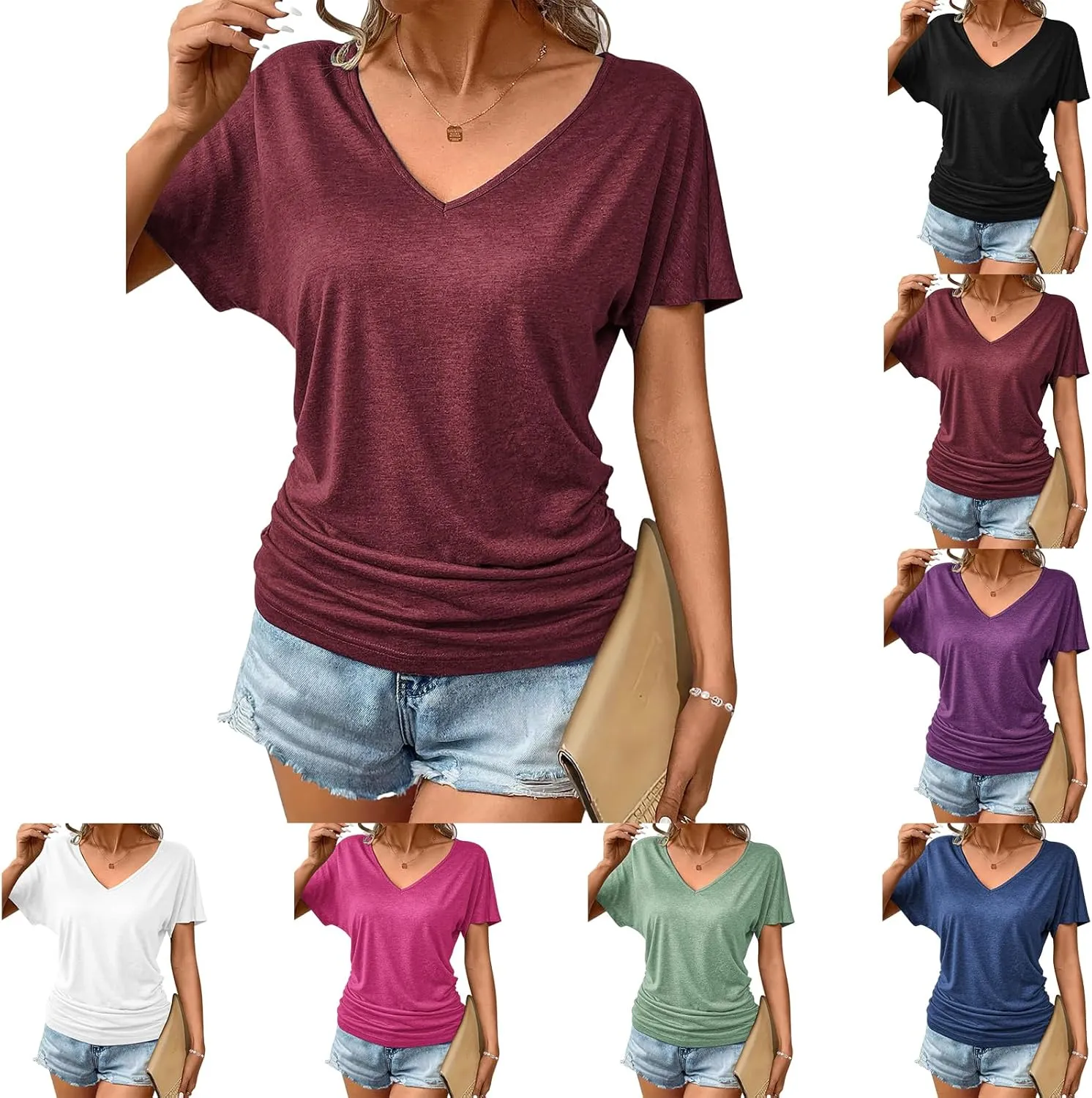 ZWRXW Women's Short Sleeve Shirts V Neck T Shirts for Women Casual Ruched Basic Tunic Tops Cute Soft Tees for Work Business
