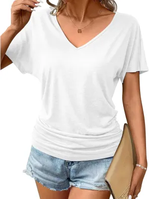 ZWRXW Women's Short Sleeve Shirts V Neck T Shirts for Women Casual Ruched Basic Tunic Tops Cute Soft Tees for Work Business