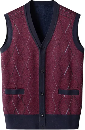 ZYXTIM Mens Sleeveless Sweater Knitted Argyle Vest Vest V-Neck Button Down Lightweight Warm Cozy Cardigan Vest with Pocket